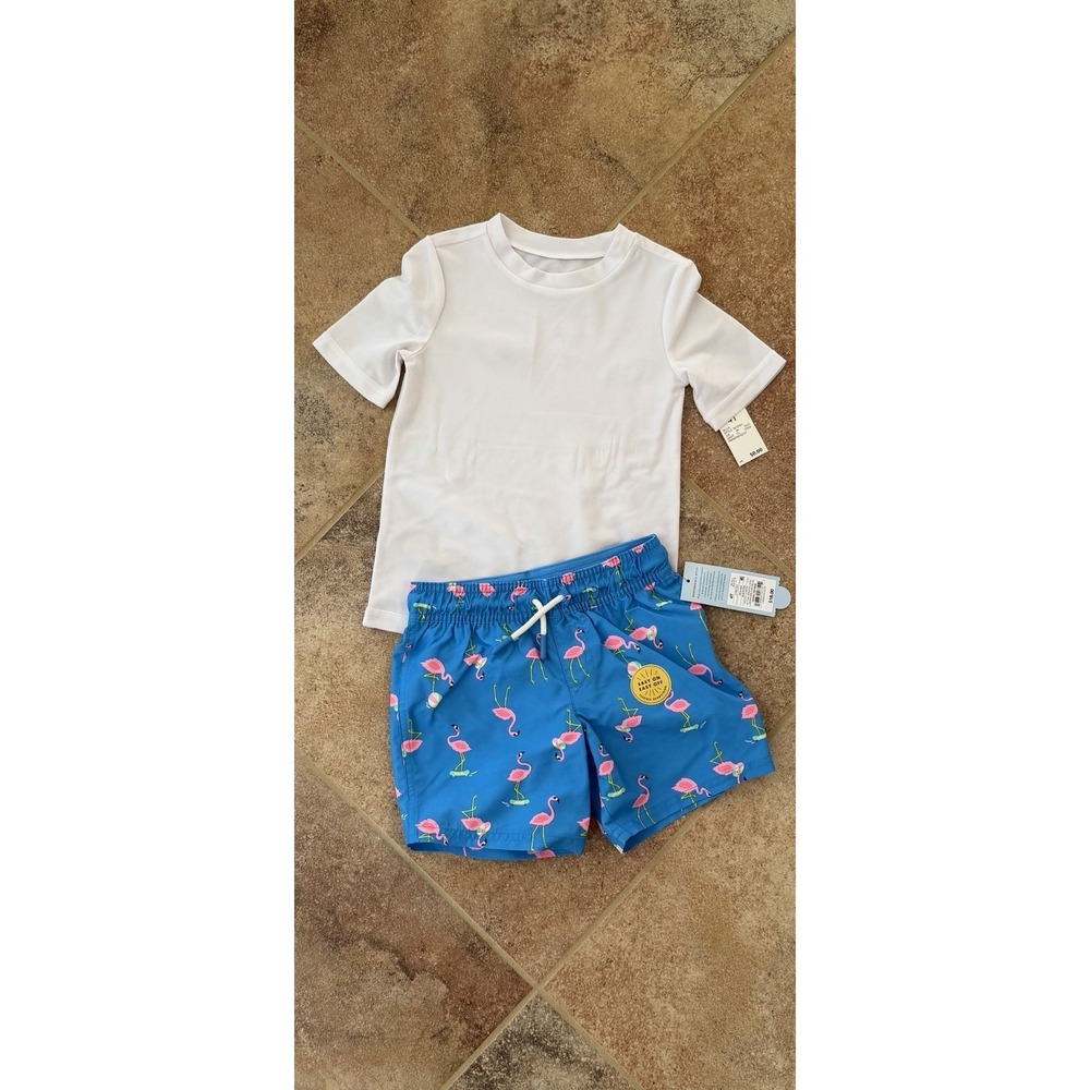 Cat & Jack Toddler Boy's 2-Piece Flamingos on Skateboards Swimwear Set Sz 4T NWT